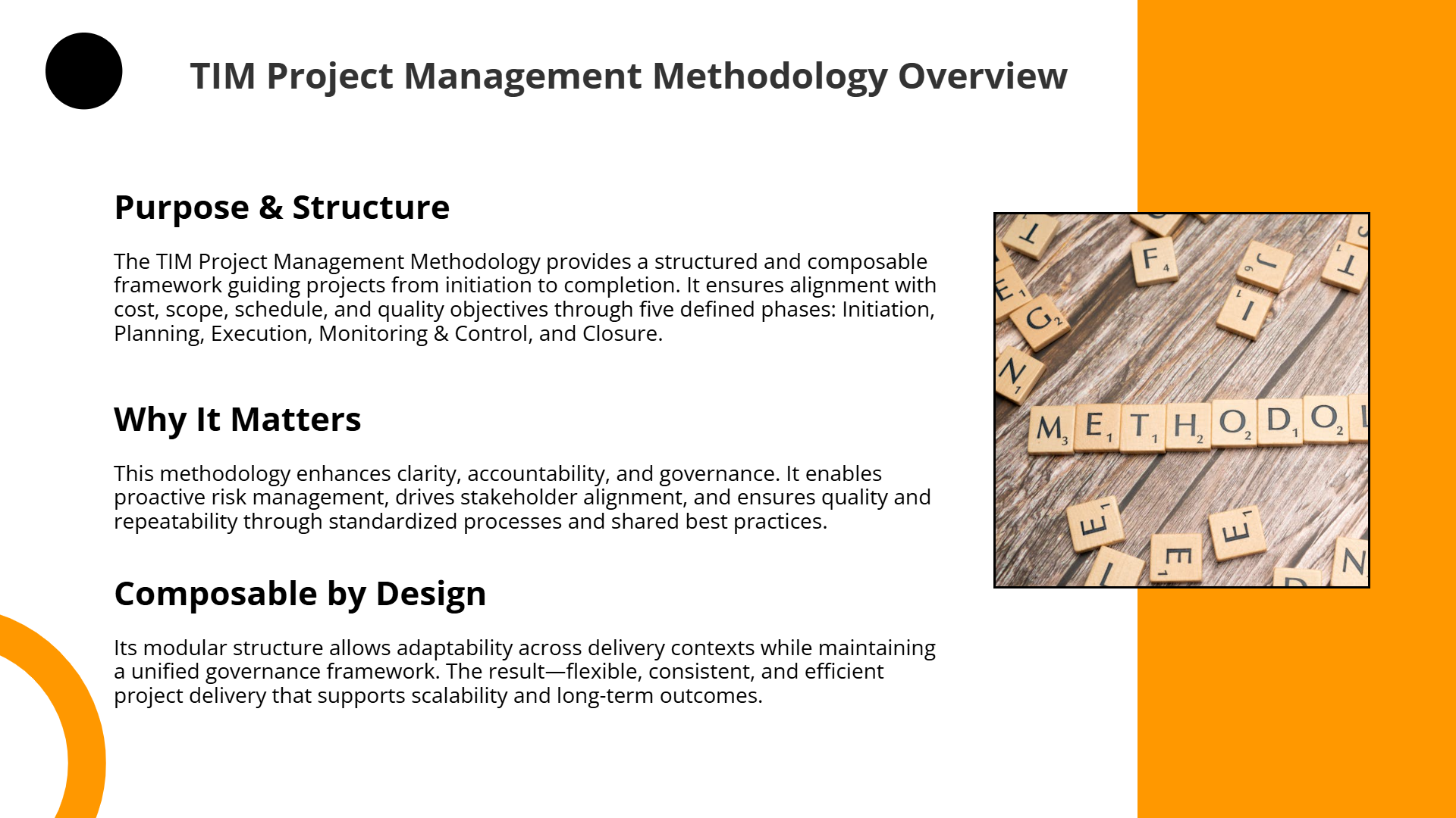 TIM Project Management Methodology One-Pager | Slidebyslide.ai
